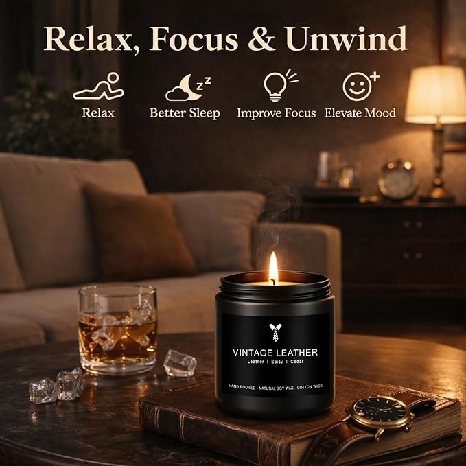 Candles for Men Gift Set, 4 Pack Masculine Scented Soy Candles for Men, Leather, Smoke, Oak & Lavender Scents, Aromatherapy Candle Gift Set for Dad, Husband, Boyfriend, Birthday, Him