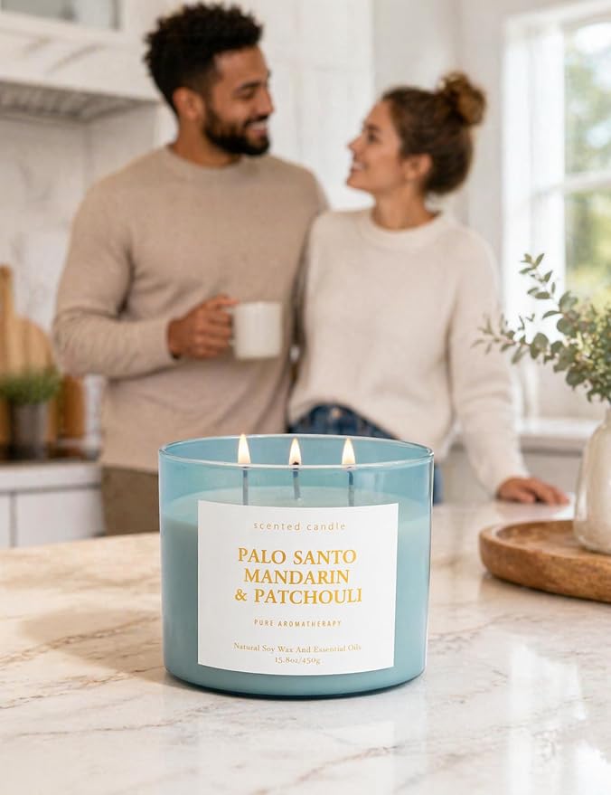 Palo Santo Mandarin Patchouli 3-Wick Soy Candle | 15.8 oz Calming Aromatherapy Candle for Home | Clean Burn Long Lasting | Warm Wood Citrus Scent | Stress Relief Candle Gift for Women & Men