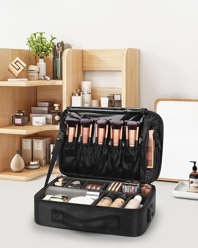 Relavel Makeup Bag Train Case for Women Travel Cosmetic Organizer with Adjustable Dividers and Brush Compartment, Large Storage Box for Cosmetics, Toiletries, Nail Polish, Jewelry, Electronic (Black)