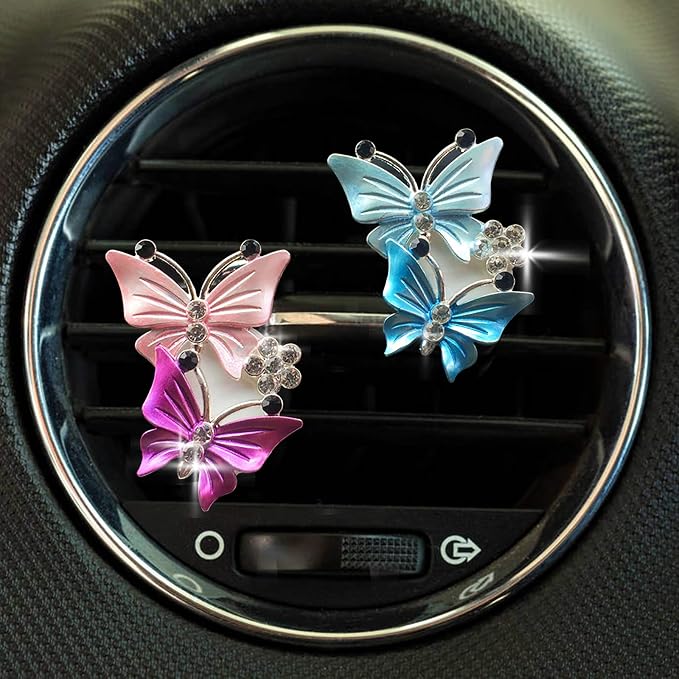 Bling Butterfly Car Air Vent Clip, Cute Rhinestone Air Freshener Clip, Glam SUV Outlet Vent Decorations, Charm Car Inter Decor Accessories for Girls Women (2Pink + 2Blue)