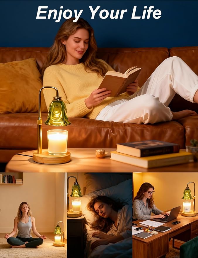 Candle Warmer Lamp, Flower Glass Candle Lamp with Timer, Birthday Gifts for Mom Women, Dimmable Height Adjustable Home Gifts, Home Decor for Home Bedroom Office Fragrance (Green Flower)