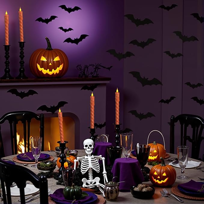 Flameless Taper Candles Flickering with Remote,Timer, Dimmer,9.7 Inch Orange 6 Pack Candle Sticks,Realistic Wax Drip,Battery Operated Candlesticks for Christmas Wedding Halloween Home Decor