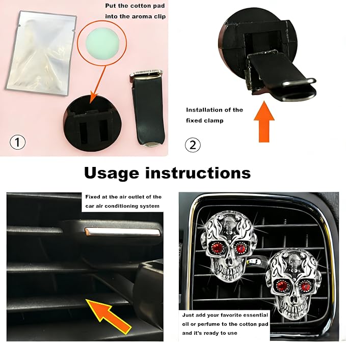 Gothic Skull Car Air Freshener Vent Clips with 2 Pads, Halloween Scented Car Accessories for Men Women, Automotive Interior Decor and Cool Car Fresheners for Men， Spooky Gift Idea-A2