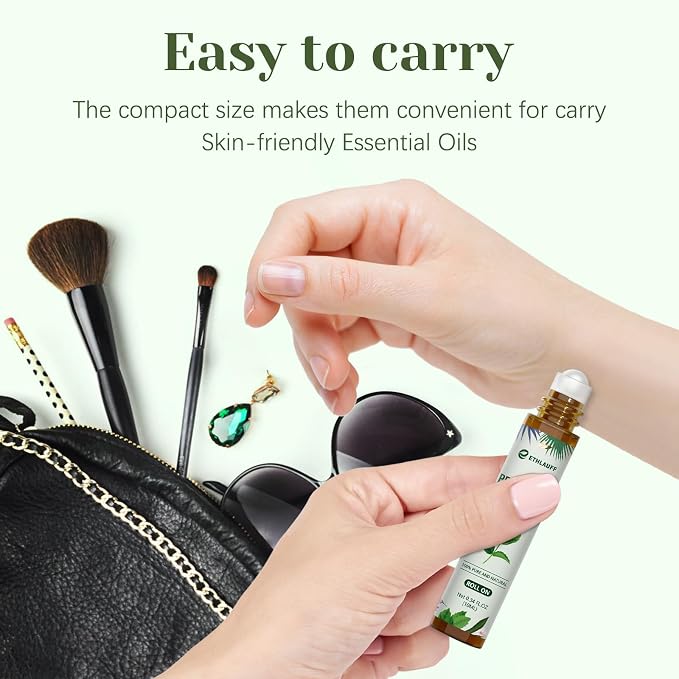 Peppermint Essential Oil Roll On, Natural Aromatherapy Oil Blend Roller with Fresh Minty Aroma - Headache, Stress Relief, Self Care Gifts for Women