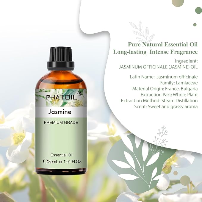 Jasmine Essential Oil 1.01fl.oz/30ml, PHATOIL Jasmine Oils Long Lasting Scents for Aromatherapy, Diffuser, DIY Soap and Candle Making