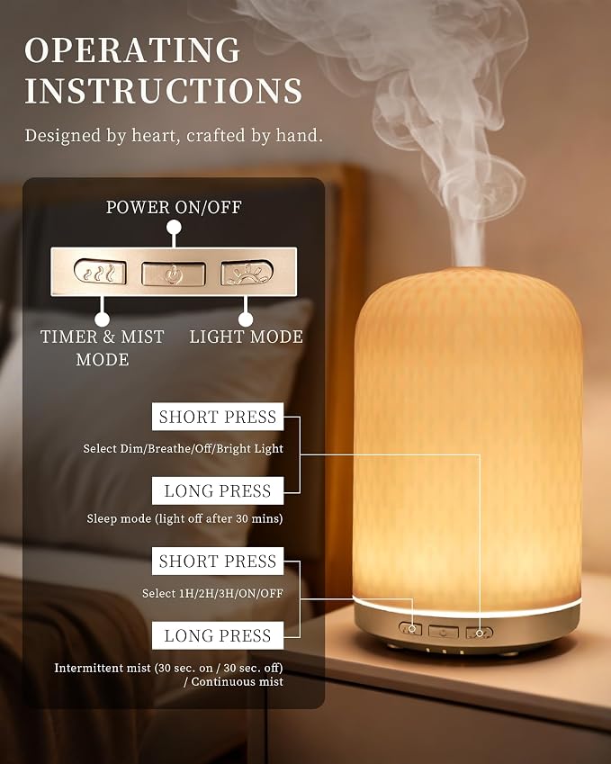 Essential Oil Diffuser - 2.4MHz Ultrasonic Ceramic Diffuser with Pulse/Continuous Mist & Night Light, Waterless Auto-Off, Silent Aromatherapy Diffuser for Home, Office, Yoga, Spa, Gifts & Home Decor.