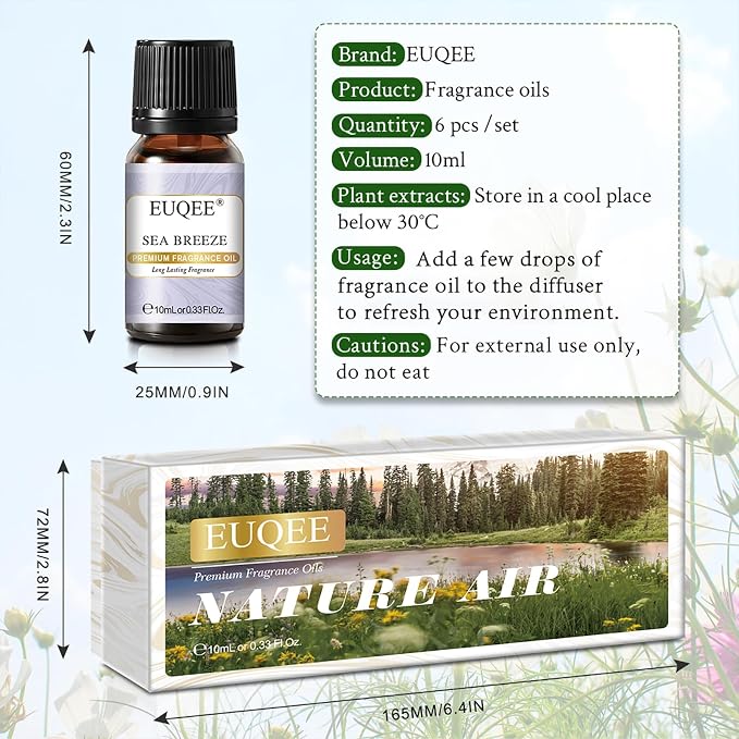 EUQEE Nature Air Premium Grade Scented Oils Gift Set - Sea Breeze, Forest Pine, Bamboo & Teak, Cedarwood, Sandalwood, Freesia (10ml)