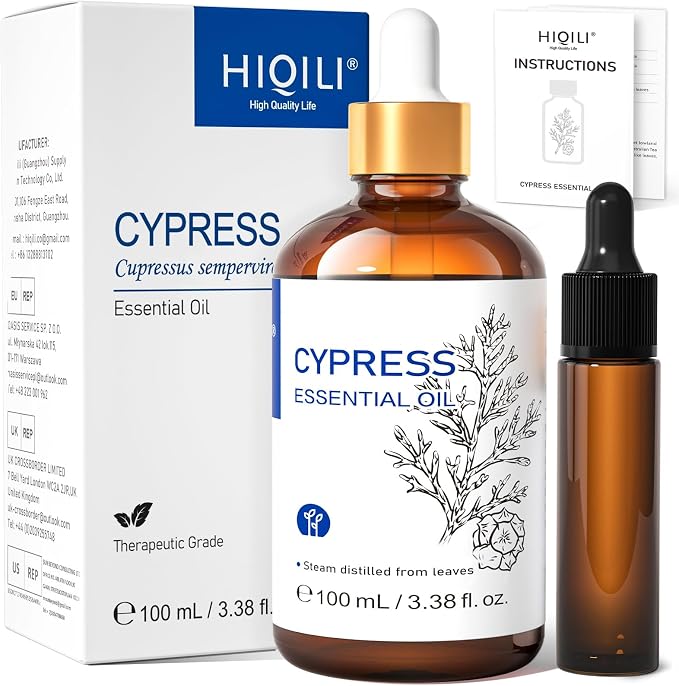HIQILI 100ML Cypress Essential Oil for Diffuser, Skin Care, Includes 10ML Travel Bottle - 3.38 Fl Oz