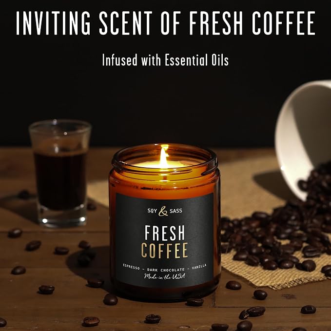 Fresh Coffee Candle - Black Candles for Men or Women - Dark Coffee Beans, Caramel & Vanilla Cream Soy Wax Scented Mens Candle - Infused w/Essential Oils | Long 50Hr Burn, 9oz I Non Toxic I Made in USA