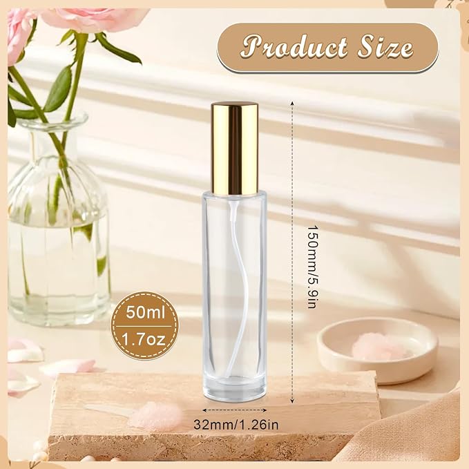 6 Pcs 50ml/1.7oz Glass Spray Bottle Refillable Perfume Bottles with Atomizer & Golden Lid for Perfume Cleaning Products Essential Oils
