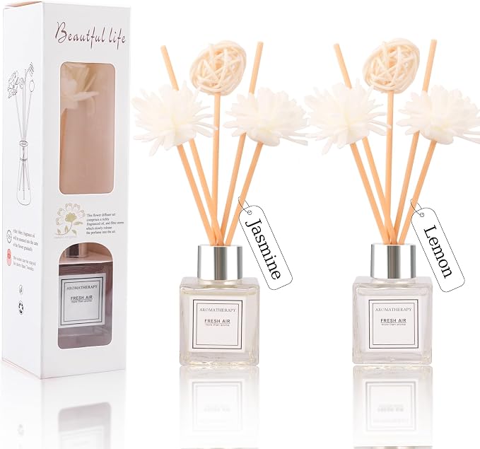 Reed Diffuser Set of 2, Jasmine & Lemon Scent Oil Diffuser with Sticks for Home Fragrance, Office Living Bedroom Decor, Bathroom Decor and Accessories, Air Fresheners Gift Set, 1.7 fl oz/50ml x 2