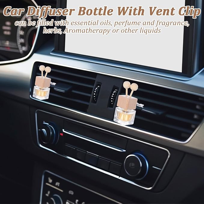 50 Pcs Glass Car Air Freshener Vent Clip Empty Essential Oil Diffuser Bottle Auto Glass Perfume Diffuser with Vent Clip Wooden Cap and Stick for Car Fragrance Ornament (Clear)