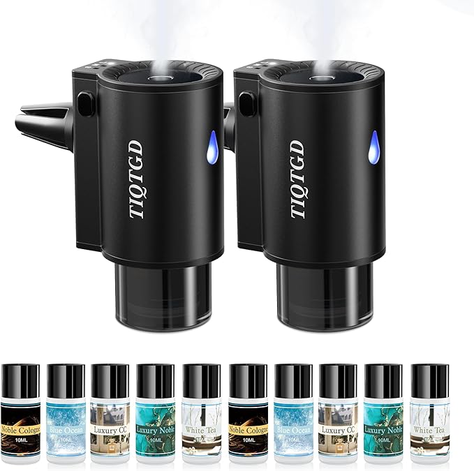 Car Air Freshener Diffuser, Smart Car Air Freshener with 3 Spray Modes, Auto On/Off, Rechargeable Aromatizante para Carro with 10pcs Essential Oil, 5 Scents, Long-Lasting, 2Pack