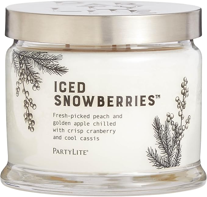 PartyLite Iced Snowberries Scented, Notes of Apple, Cassis, Cranberry, Peach, Strawberry, Berry, Vanilla & Musk,13.2oz 3-Wick Jar Candle, 45 Hour Burn Time, Luxurious Fragrance, Perfect for Gifting