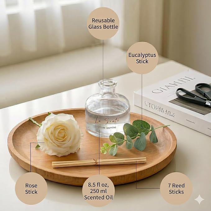 White Jasmine Reed Diffuser Set, 8.5 fl. oz / 250ml | Long Lasting, Flameless, Decorative Flower & Natural Reeds, For Bathroom, Bedroom, Office