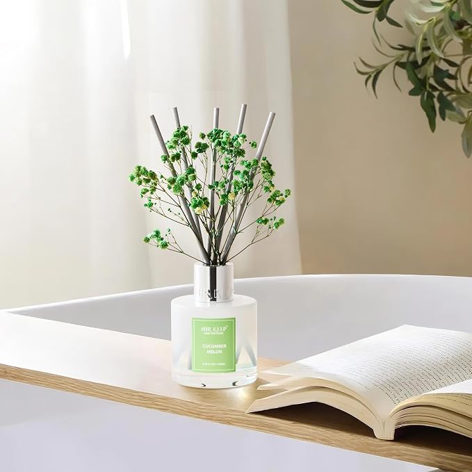 Airkeep Reed Diffuser Set,3.38 fl oz (100 ml) - Cucumber Melon Oil Diffusers with 8 Reed Sticks, Home Fragrance Reed Diffuser for Bathroom Shelf Decor