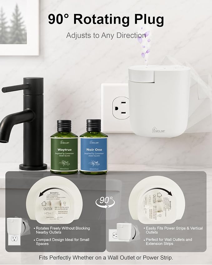Waterless Plug in Diffuser, 800 Sq Ft, No Wobble Secure Wall Fit, Adjustable Timer & Scent Intensity,App Control,Essential Oil Plug in Wall Diffuser, Includes 2 x 60ml Fragrance Oils, White