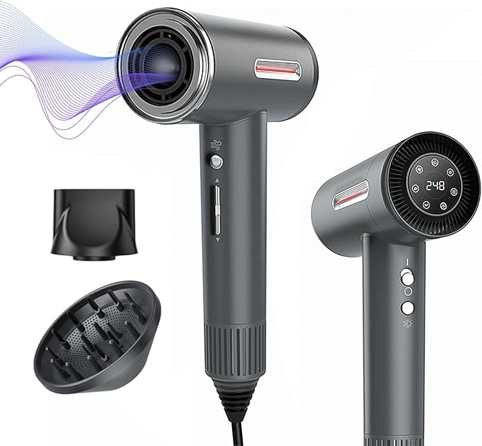 Hyper-Speed Hair Dryer, 180,000 RPM Brushless Motor for 1min Fast Drying, Dual Voltage Travel Blow Dryer with Diffuser & Concentrator, 600M Negative Ions for Frizz-Free Shine, HD Screen, Gunmetal