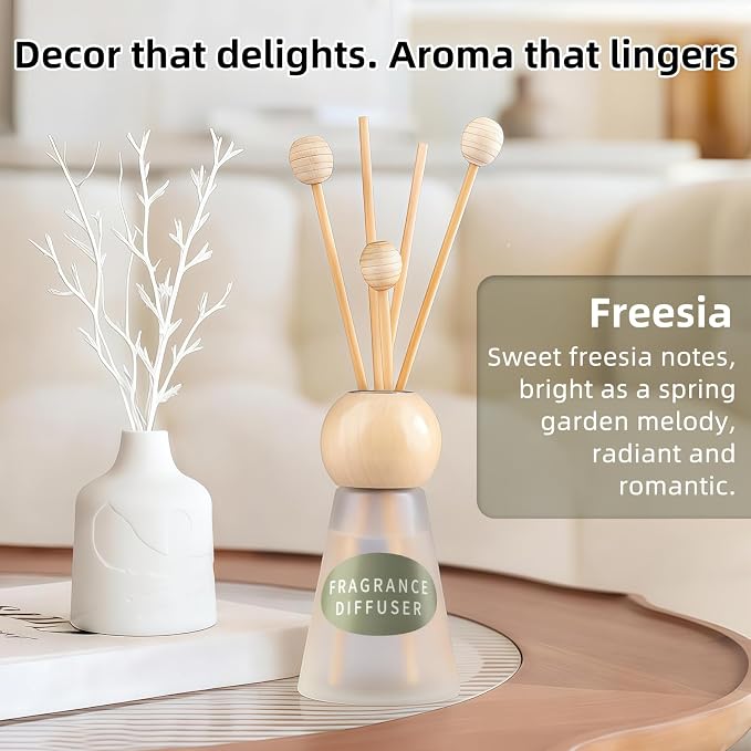 Reed Diffuser Set, Freesia Scent with Reed Sticks, 1.7 fl oz / 50ml Cone-Shaped Bottle with Round Wooden Cap, Ideal for Bathroom, Bedroom, Office, Home Fragrance for Shelf Decor Air Freshener