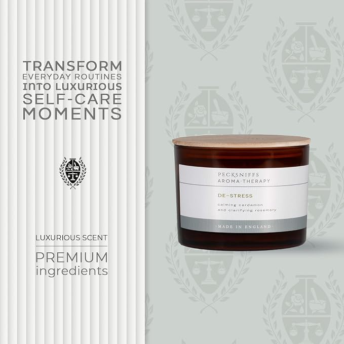 Pecksniff's Aromatherapy De-Stress Candle, 3-Wick, Cardamon & Rosemary, Premium Wax, 285g/10oz, Spicy Pine Scent, Eco-Friendly, Long-Lasting for Relaxation