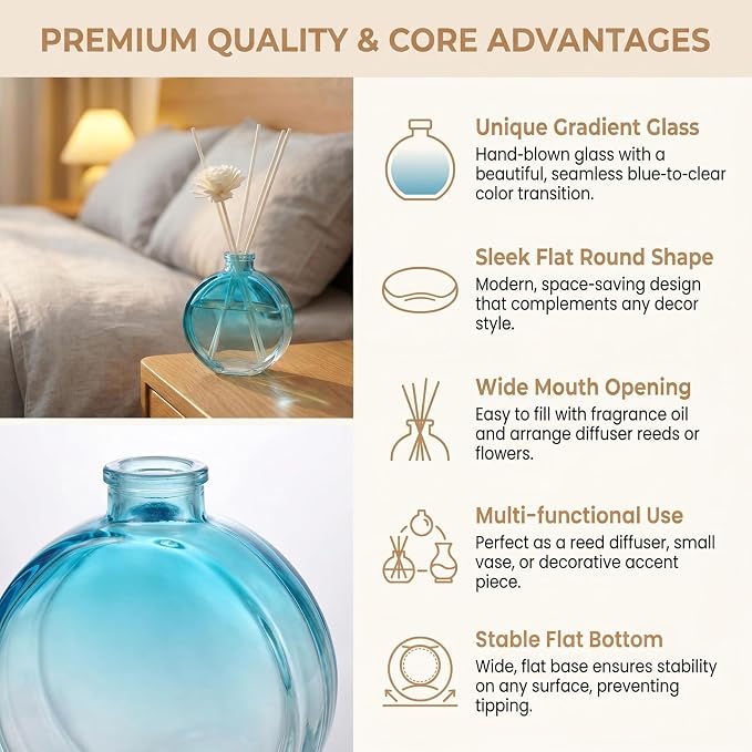 1 Pack 150ml/5oz Flat Round Blue Glass Reed Diffuser Bottles, Refillable Aromatherapy Essential Oil Bottles for Bathroom, Home & Office Decor