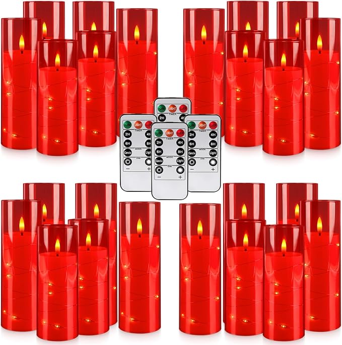 24-Pack Flameless LED Candles with Star String Lights - Red Acrylic Pillar, Realistic Flickering, Remote Control & Timer for Home Decor, Wedding, Christmas