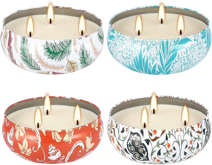 4-Pack Citronella Candle Set in Decorative Tropical Flower Tin Boxes - 3-Wick Functional Decorative Candles for Indoor & Outdoor Use - Perfect for Camping, Travel, BBQ, Picnics, and Mother's Day Gift