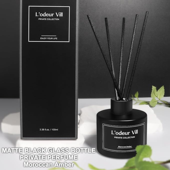 L'odeur Vill Reed Diffuser, 3.4oz(100ml) Moroccan Amber Reed Diffuser Set with 6 Oil Diffuser Sticks, Matte Black Aroma Scent Diffuser, Long Lasting Home Fragrance for Bathroom Shelf Decor