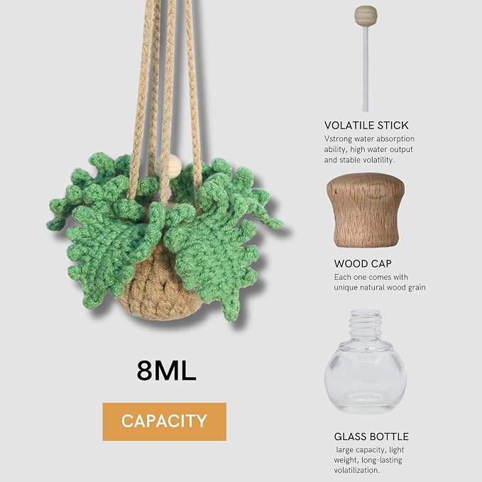 ROFIGL Handmade Crochet Car Air Freshener - Adorable Bendable Fern Plant with 8ml Empty Refillable Oil Diffuser Bottle, Suitable for Car Rearview Mirror Hanging, Home & Office Decor