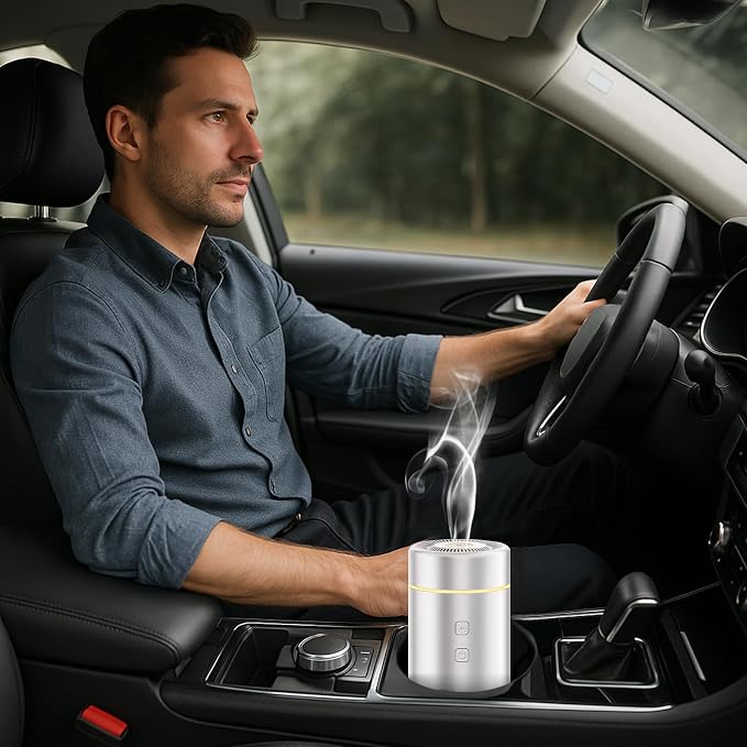 SEEDSEEL 100ML Car Essential Oil Diffuser, Rechargeable Battery Powered, Cordless Portable Aromatherapy Humidifier with 7 LED Color Lights 2 Timer Modes for Car Room Home Office (Silver)