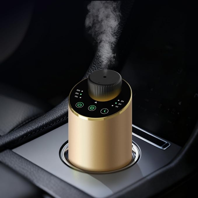 Waterless Essential Oil Diffuser Scent Aromatherapy Diffusers for Home, Car, Aluminum Alloy Battery Operated Cordless Air Freshener, 4 Timers & 3 Mist Levels, 5/10/20ml Capacity (Gold)
