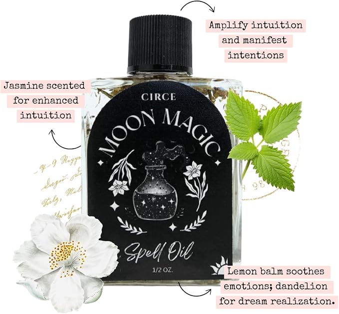 CIRCE Moon Magic Spell Oil - Invite Intuition & Reflection - Add to Bath, Use in Rituals, Wear as Fragrance to Align w/Desires - Coconut Oil, Lemon Balm & Dandelion Herbs - 1/2oz