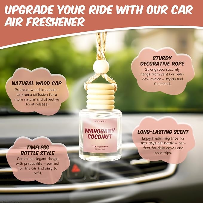 Premium Car Air Freshener Diffuser Set (2 Pack) - Mahogany Coconut Fragrance Oil, 45+ Day Long-Lasting Hanging Auto Freshener