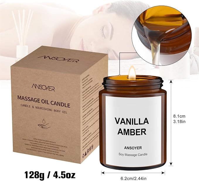 Massage Oil Candle, Scented Candle for Spa Use at Home with Soybean Oil, Ultra Hydrating Body Care, 4.5oz, Vanilla Amber
