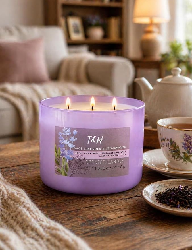 Sage Lavender Cedarwood 3-Wick Soy Candle, 15.8 oz Scented Candle for Home | Eucalyptus & Vanilla Notes, Aromatherapy Stress Relief, Highly Scented, Clean Burn, Bedroom & Bath, Gift for Women & Men