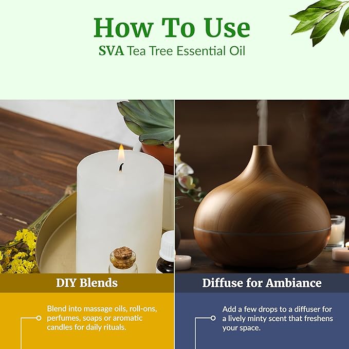 SVA Tea Tree Essential Oil 4 Fl Oz – for Diffuser, Skin & Hair Care – Ideal for Massage & DIY Blends – with Dropper