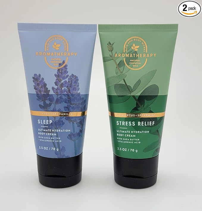 Bath & Body Works - Aromatherapy - Travel Size - 2 pc Bundle - Ultimate Hydration Body Cream - Sleep - Lavender Vanilla - 2.5 oz & Stress Relief - Eucalyptus Spearmint - 2.5 oz
