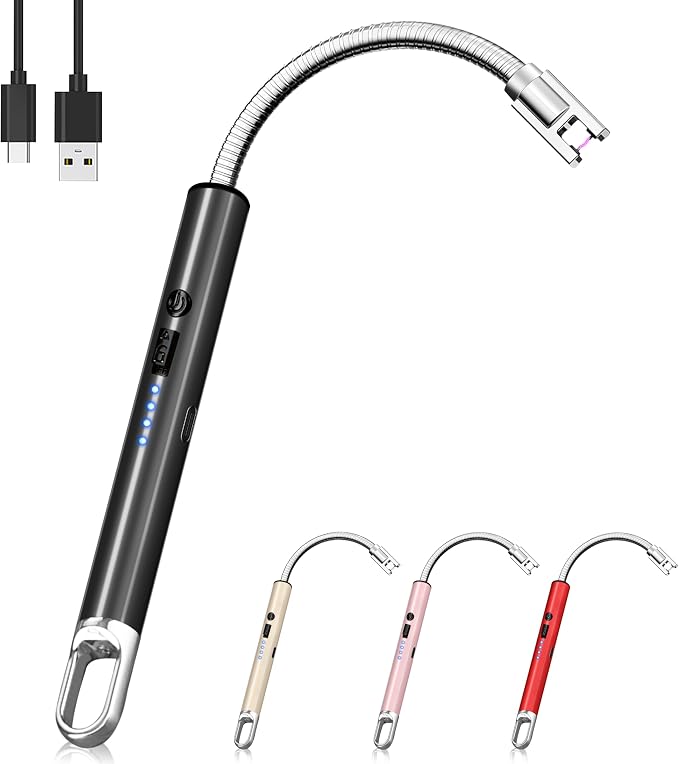 Electric Lighter, Candle Lighter Flameless Windproof with 360° Flexible Neck & LED Power Display, Type C Arc Rechargeable Lighters for BBQ, Camping, Cooking, Gift for Christmas, Thanksgiving, Birthday