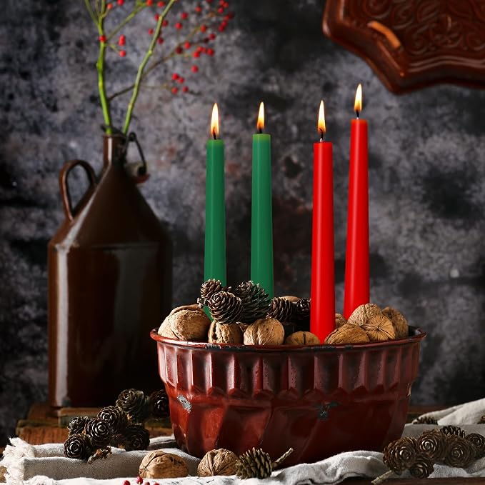4 Green and 4 Red Taper Candles for Christmas, 12 Inch Unscented Long Candlesticks for Home, Dripelss Thin Candles for Holiday Party Decoration