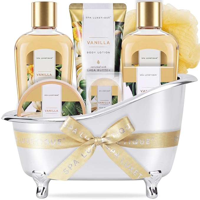 Gift Baskets for Women, Spa Luxetique 8 Pcs Vanilla Mothers Day Gifts for Mom, Birthday Bath and Body Set, Self Care Kit for Her, Including Bubble Bath, Shower Gel, Body Lotion