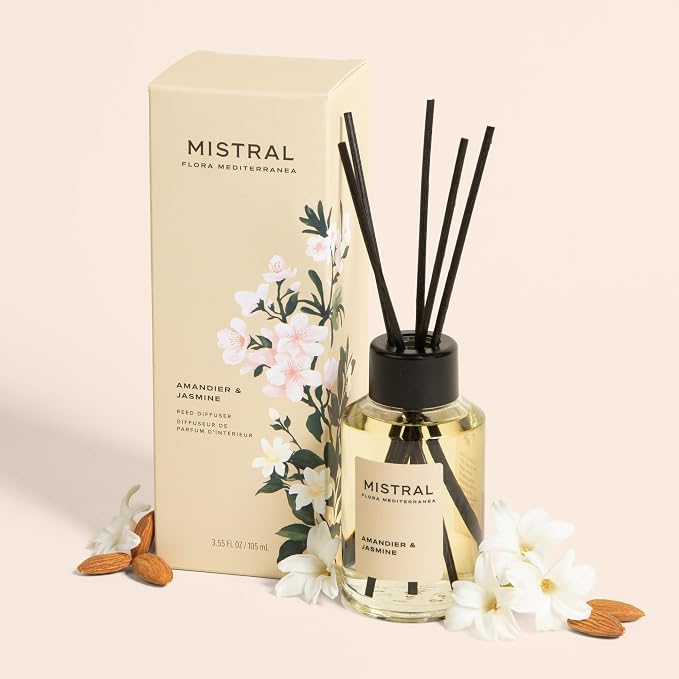 Mistral Amandier & Jasmine Reed Diffuser – Luxury Almond Blossom & Jasmine Scent Diffuser for Home, Office, Bathroom | 100% Oil-Based & Alcohol-Free, Long-Lasting, with Natural Reed Sticks (3.5 fl oz)