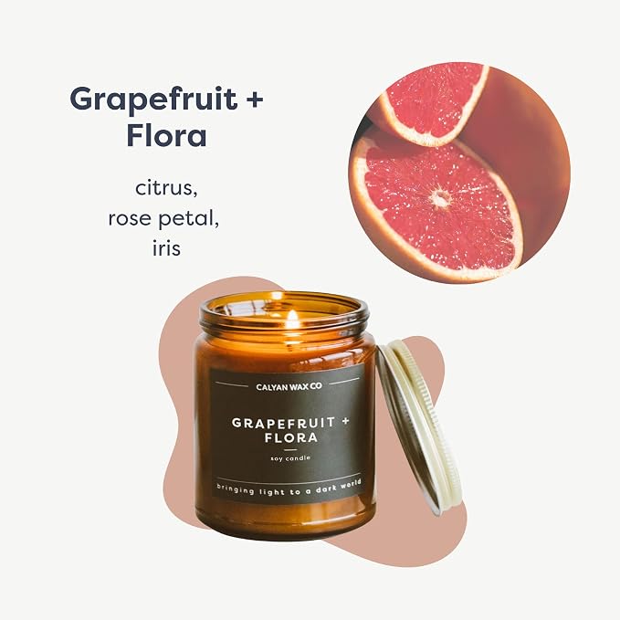 Calyan Wax Co. Grapefruit & Flora Scented Candle - 57 Hour Burn - Luxury Clean Soy Wax Candles - Long Lasting Amber Glass Jar Candle for Home - 7.2oz