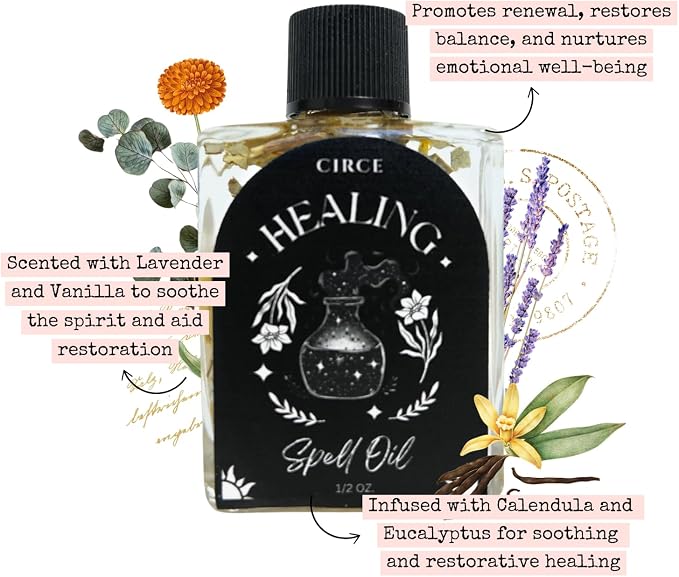 CIRCE Healing Spell Oil - Invite Peace & Emotional Balance - Add to Bath, Use in Rituals, Wear as Fragrance to Align with Desires - Coconut Oil, Calendula Herb, Eucalyptus & Lavender - 1/2oz