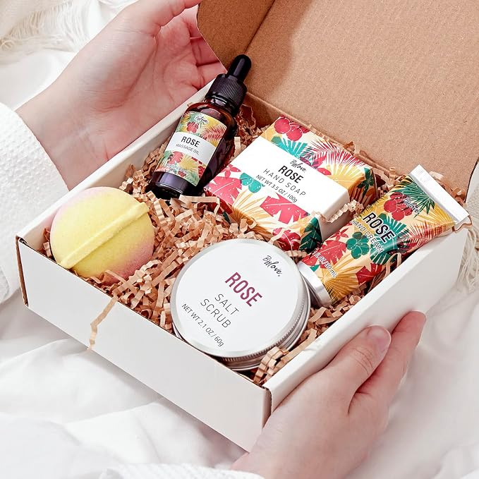 Spa Gifts for Women, Gift Set, Self Care Kit, Birthday Gifts, 5pc Rose Bath Sets Include Massage Oil, Bath Bomb, Salt Scrub, Soap, Hand Cream, Mother's Day Gifts for Mom