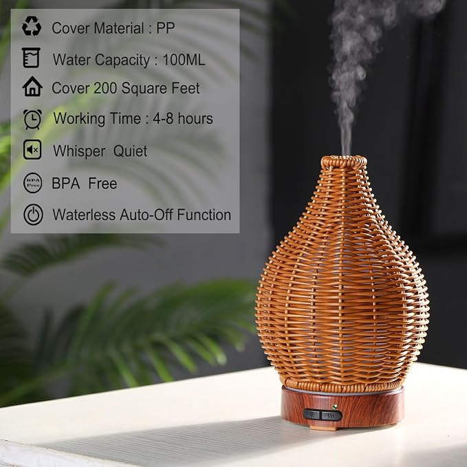 Handwoven Essential Oil Diffuser, Aromatherapy Diffuser for Home Office Decor, Birthday Gifts for Women, Moms and Grandmas Cool Mist Humidifier with 7-Color Lights, Waterless Auto-Off Air Diffusers