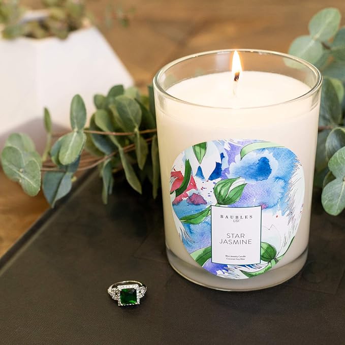 Kate Bissett Baubles Star Jasmine Scented Premium Candle and Jewelry with Surprise Ring Inside | 18 oz Large Candle | Made in USA | Parrafin Free | Size 08