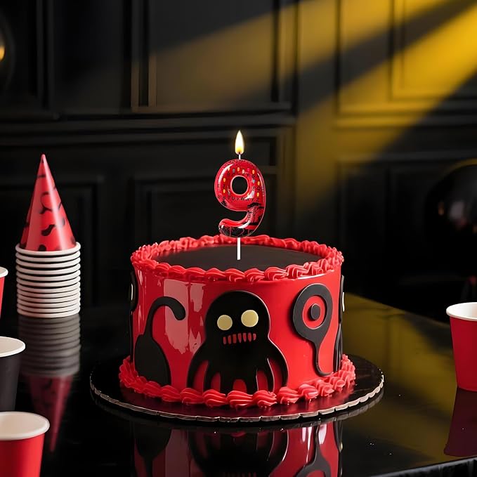 Red Number 9 Birthday Candle for Cake – Dark Horror Style with Alphabet Print & Shadow Design – Unique Cake Topper for Birthday, Anniversary, Themed Party Decoration