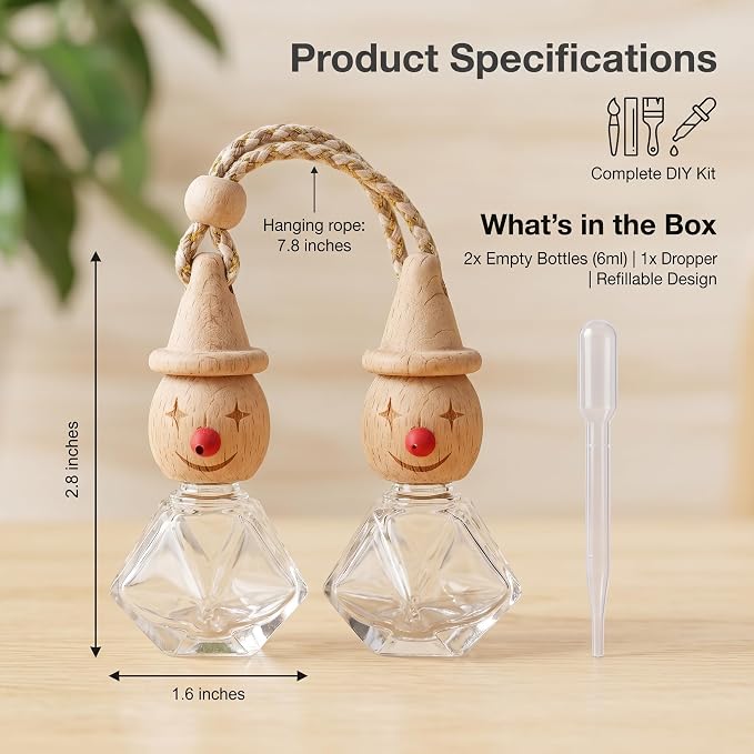 2 Pack Snowman Glass Hanging Car Rearview Mirror Diffuser Bottles | Wood lids & droppers included, refillable empty bottles for car closet bathroom home aromatherapy decor