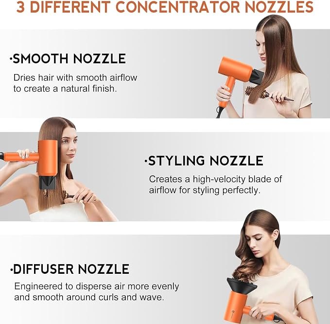 Slopehill Professional Ionic Hair Dryer, Powerful 1800W Fast Drying Low Noise Blow Dryer with 2 Concentrator Nozzle 1 Diffuser Attachments for Home Salon Travel (Cosmic Orange)