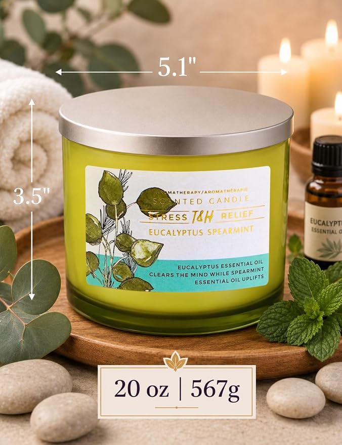 Eucalyptus Spearmint Candle | 4 Wick Extra Large Scented Soy Candle 20 oz | Highly Scented Aromatherapy Stress Relief Spa Candles | Fresh Eucalyptus Mint Home Scent | Long Lasting Clean Burn